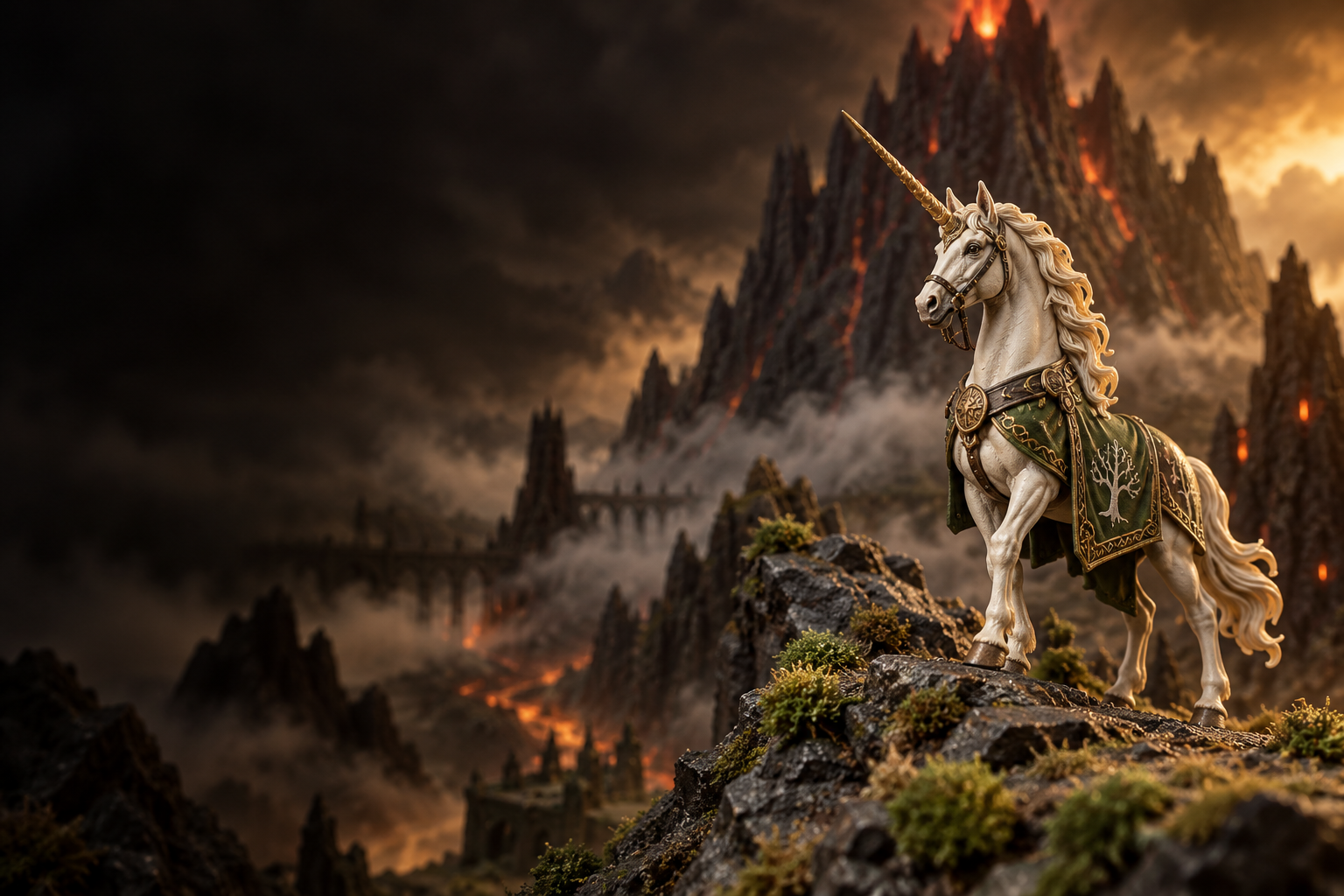Hand-painted unicorn miniature at the foot of a misty volcanic mountain